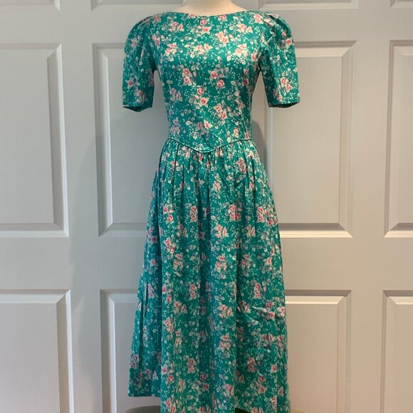 Vintage SS turquoise and pink Laura Ashley cotton dress US 10 - Picture 1 of 11